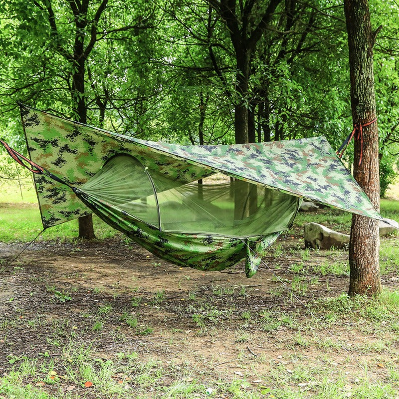 Portable double camping hammock with green rain fly tarp, bug net, and heavy duty tree straps