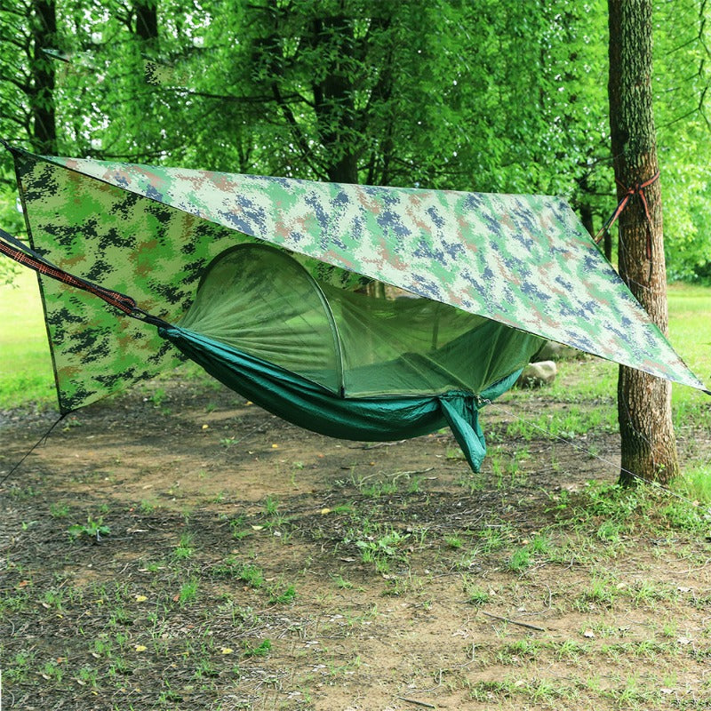 Portable double camping hammock with green rain fly tarp, bug net, and heavy duty tree straps — view 2