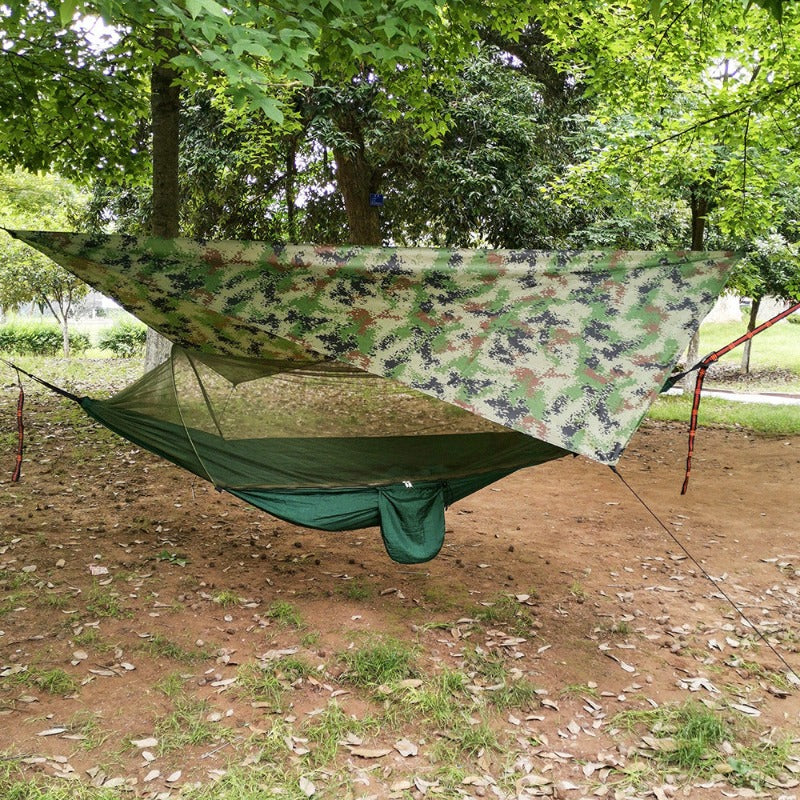 Portable double camping hammock with green rain fly tarp, bug net, and heavy duty tree straps — view 3