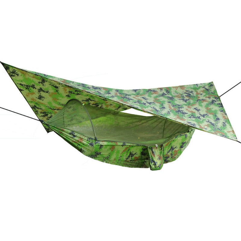 Portable double camping hammock with green rain fly tarp, bug net, and heavy duty tree straps — view 4