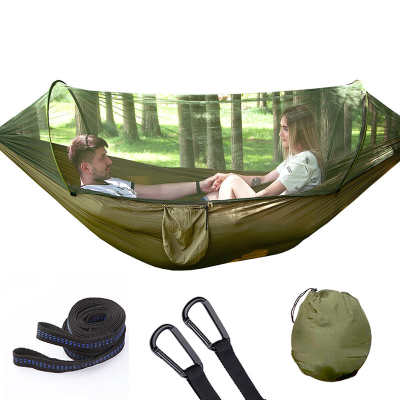 Portable double camping hammock with green rain fly tarp, bug net, and heavy duty tree straps — view 5