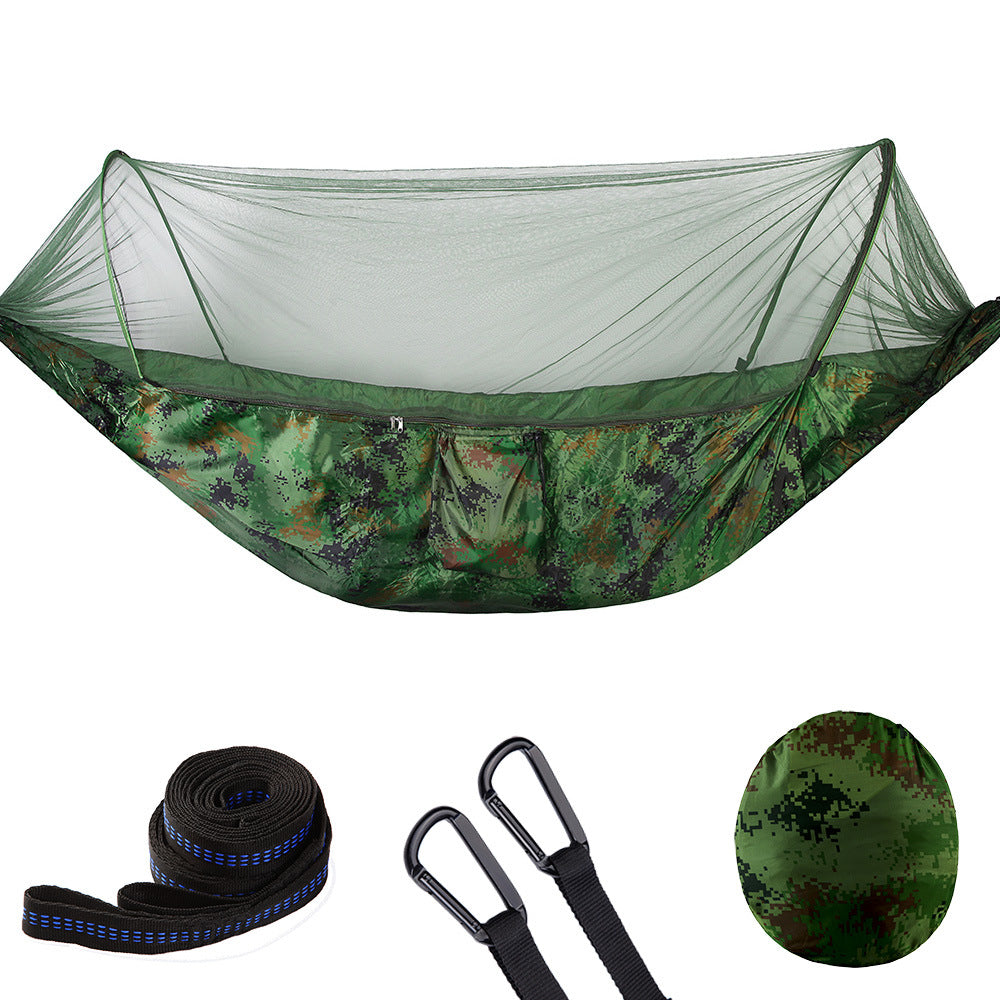 Portable nylon camping hammock with mosquito net, tree straps, and compact black storage bag — view 5