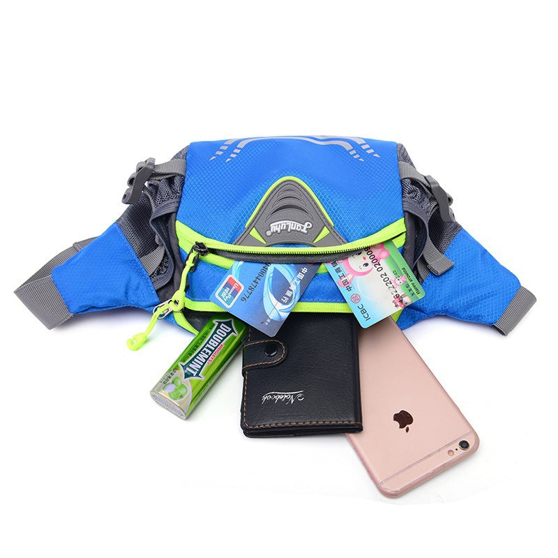 Vibrant blue nylon running waist pack with grey and neon green accents and breathable mesh — view 2