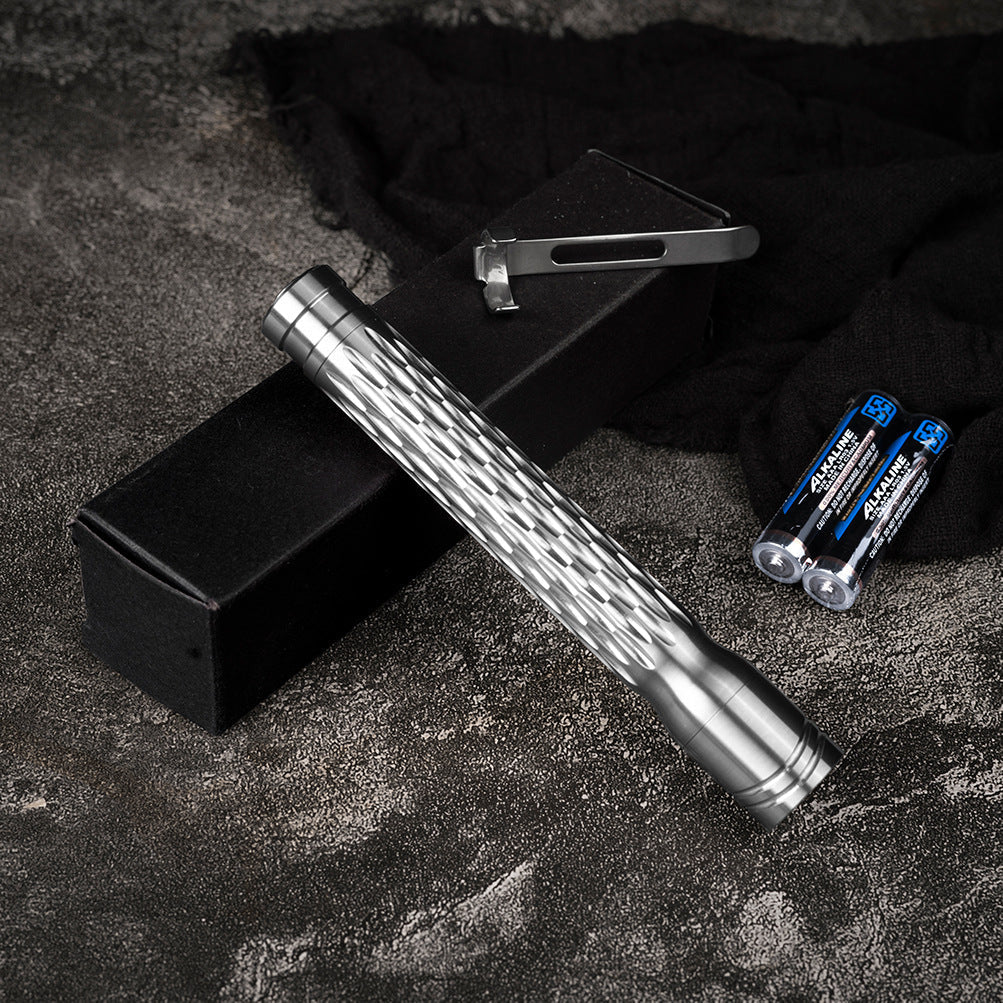 Wautton R8 titanium alloy mini EDC flashlight in silver metallic finish with pocket clip — view 2