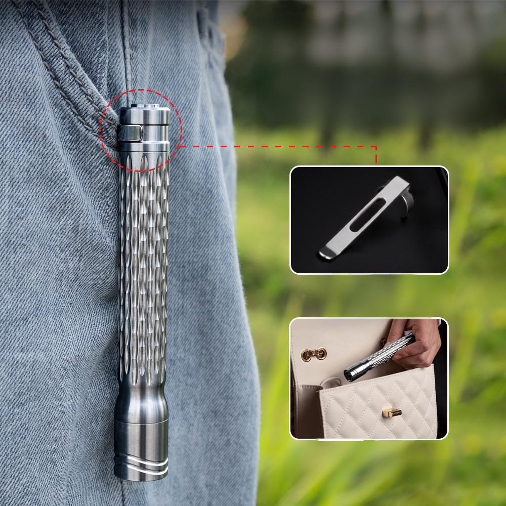 Wautton R8 titanium alloy mini EDC flashlight in silver metallic finish with pocket clip