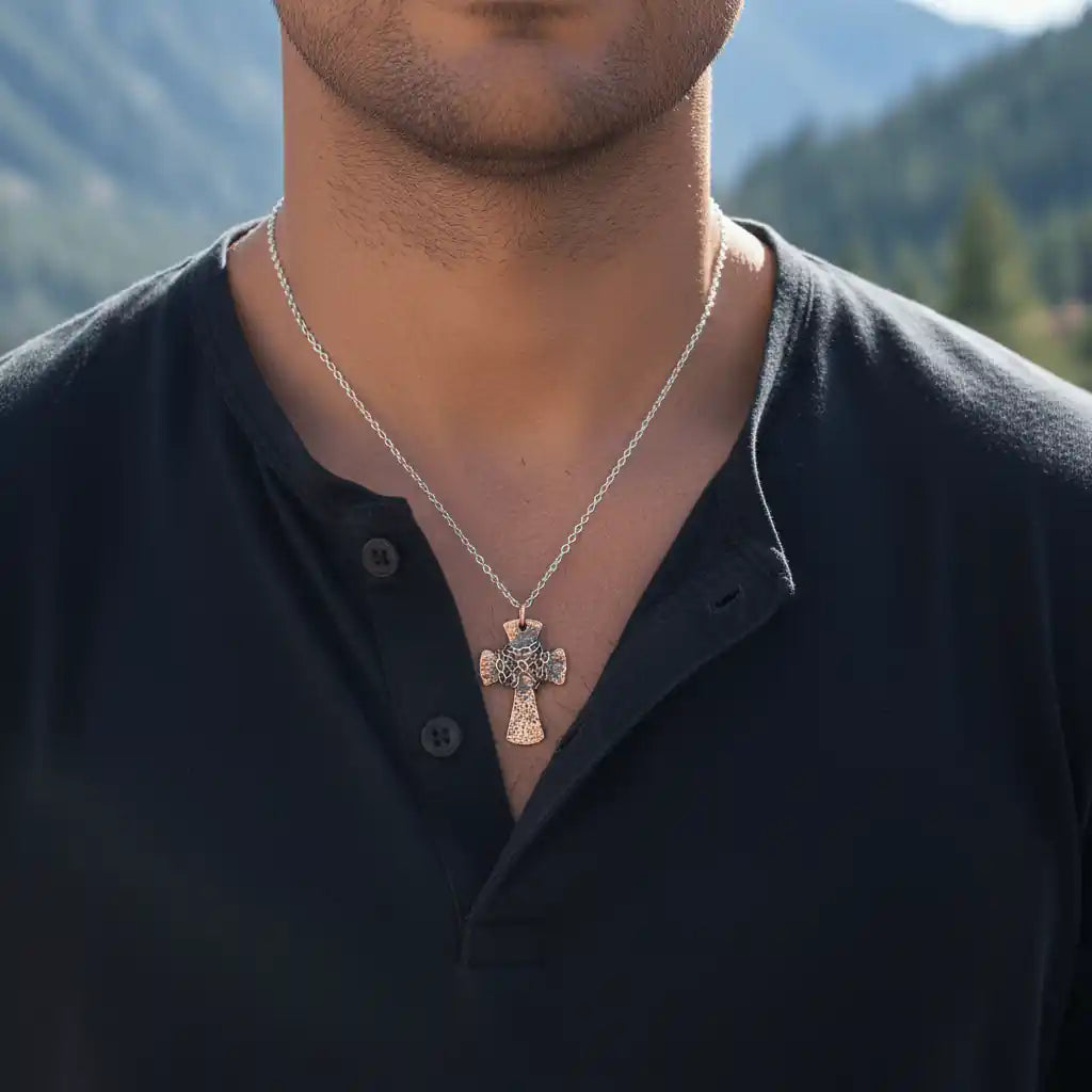 Chained Hammered Copper Cross Necklace For Him Or Her-1