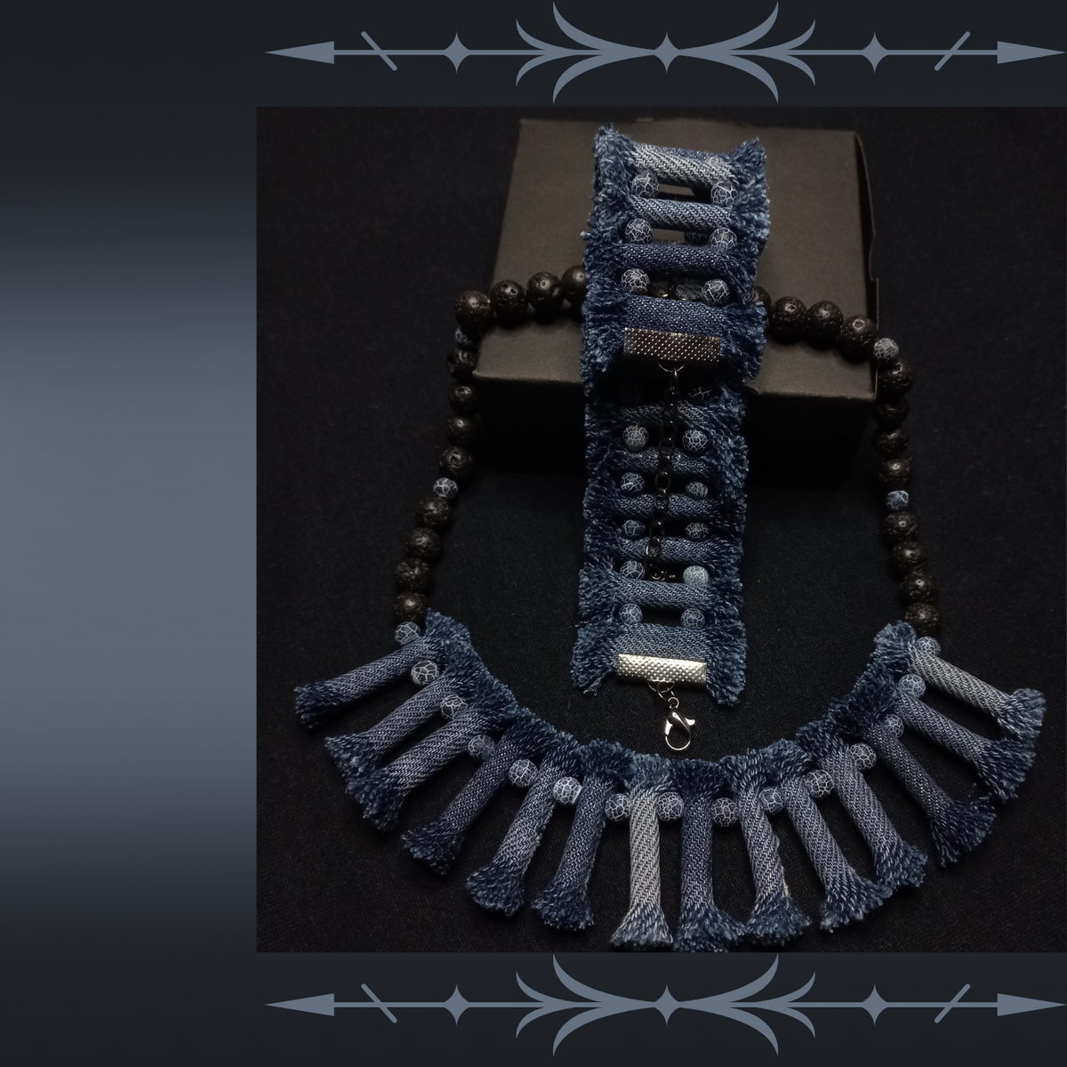 Denim Necklace with Denim tribal Bracelet 10 Sets, Boho Tribal Denim Necklace and bracelet set, 2 Piece jewelry Set, tribal denim lava stone jewelry set-4