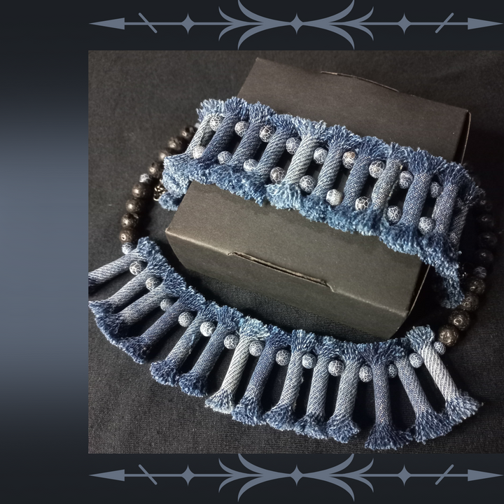 Denim Necklace with Denim tribal Bracelet 10 Sets, Boho Tribal Denim Necklace and bracelet set, 2 Piece jewelry Set, tribal denim lava stone jewelry set