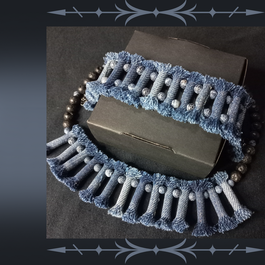 Denim Necklace with Denim tribal Bracelet 10 Sets, Boho Tribal Denim Necklace and bracelet set, 2 Piece jewelry Set, tribal denim lava stone jewelry set