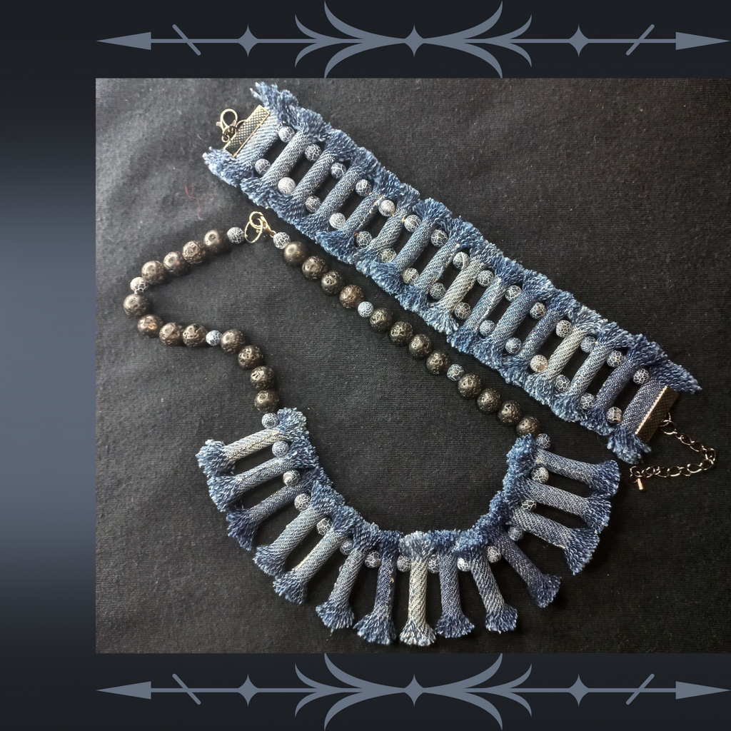 Denim Necklace with Denim tribal Bracelet 10 Sets, Boho Tribal Denim Necklace and bracelet set, 2 Piece jewelry Set, tribal denim lava stone jewelry set-3