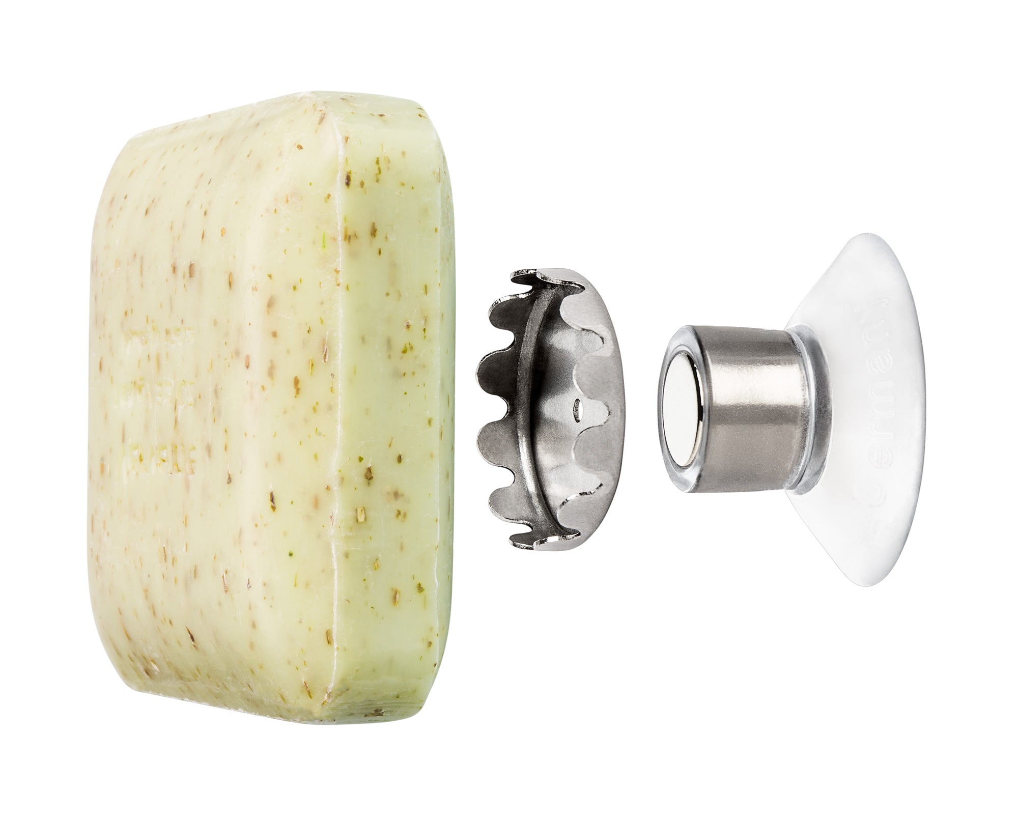 SAVONT magnetic floating soap holder attached to a white bathroom sink with a solid soap bar — view 5