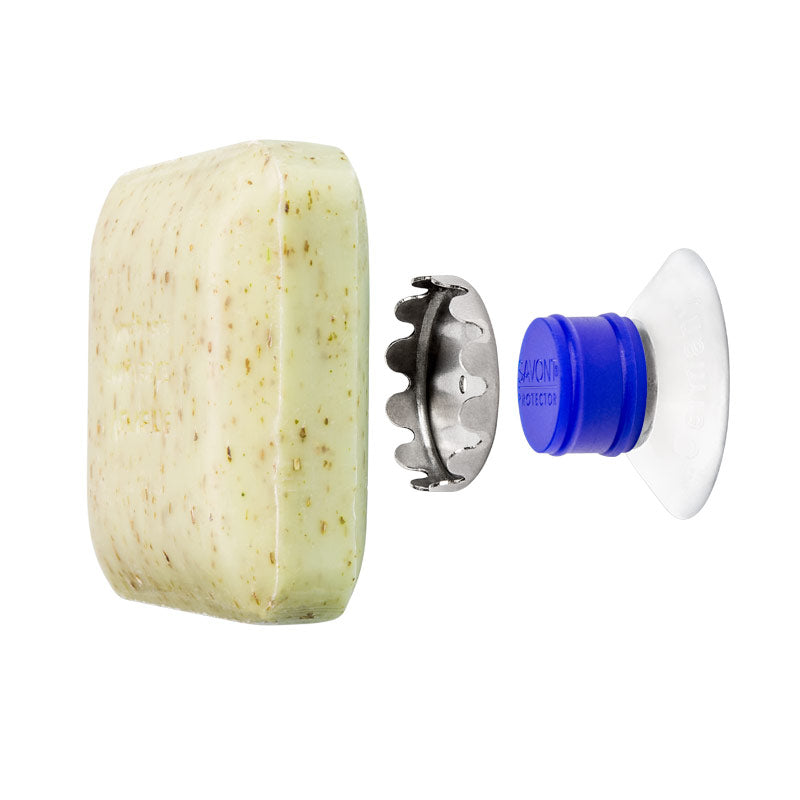 SAVONT magnetic floating soap holder attached to a white bathroom sink with a solid soap bar — view 12