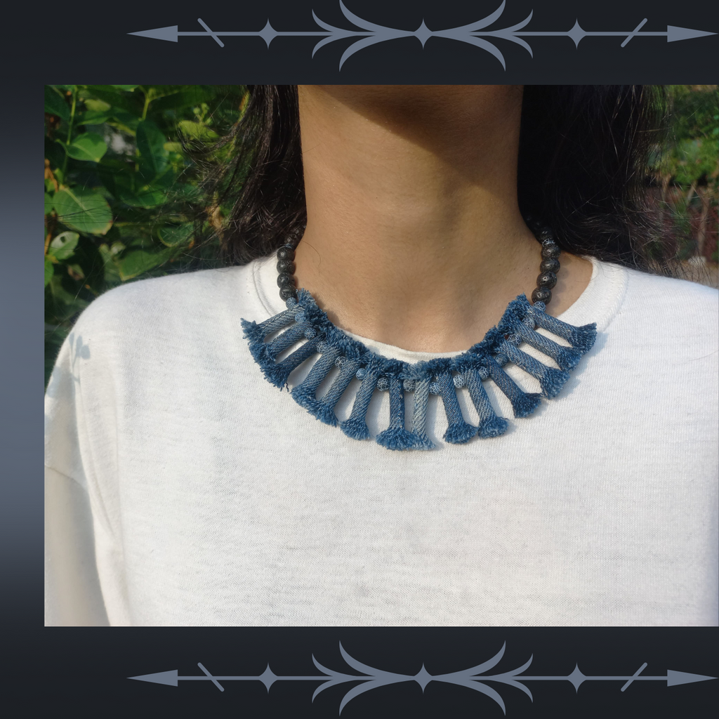 Denim Necklace with Denim tribal Bracelet 10 Sets, Boho Tribal Denim Necklace and bracelet set, 2 Piece jewelry Set, tribal denim lava stone jewelry set-1