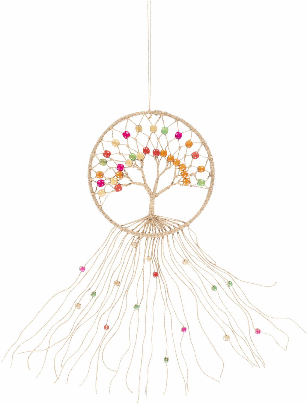 Colorful bohemian beaded macrame wall hanging made of natural jute fibers on a wooden rod