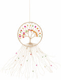 Colorful bohemian beaded macrame wall hanging made of natural jute fibers on a wooden rod