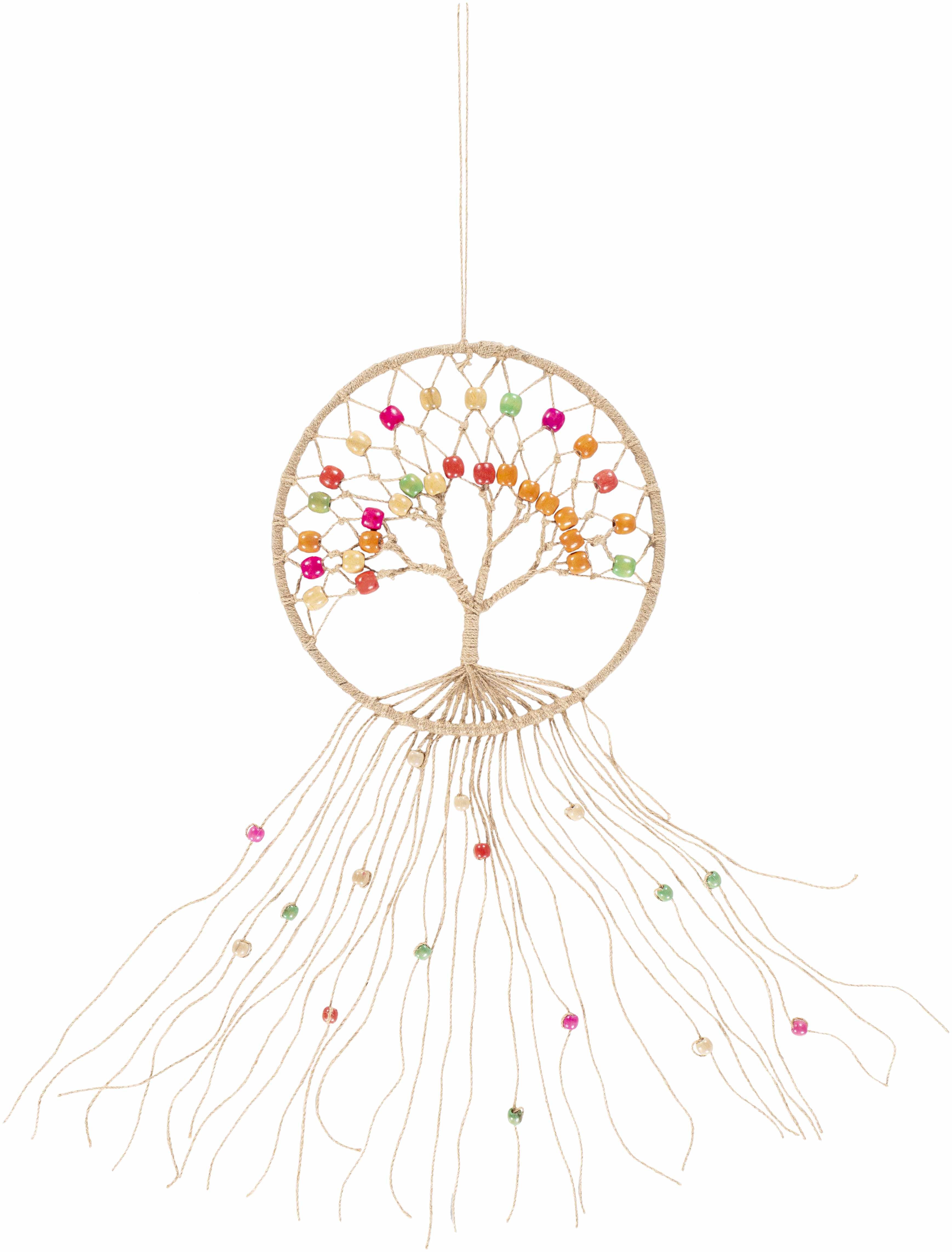 Colorful bohemian beaded macrame wall hanging made of natural jute fibers on a wooden rod