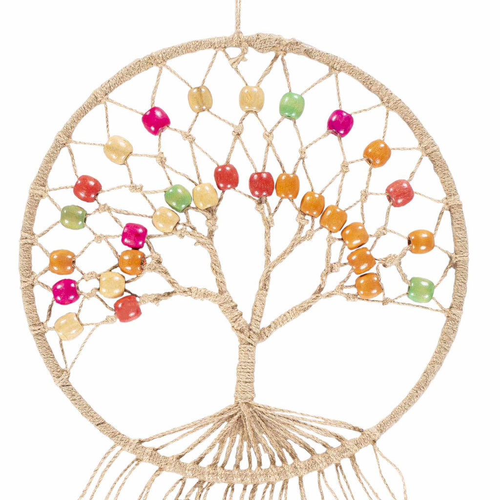 Colorful bohemian beaded macrame wall hanging made of natural jute fibers on a wooden rod — view 3