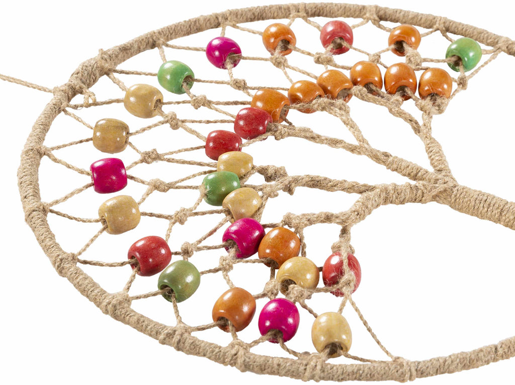 Colorful bohemian beaded macrame wall hanging made of natural jute fibers on a wooden rod — view 2