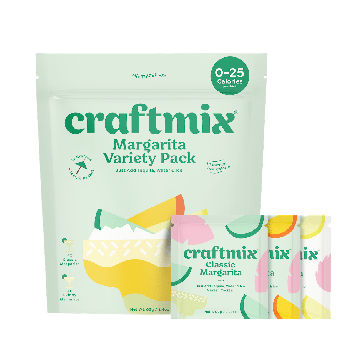Box of Craftmix margarita variety pack with individual mango classic and skinny cocktail mix packets