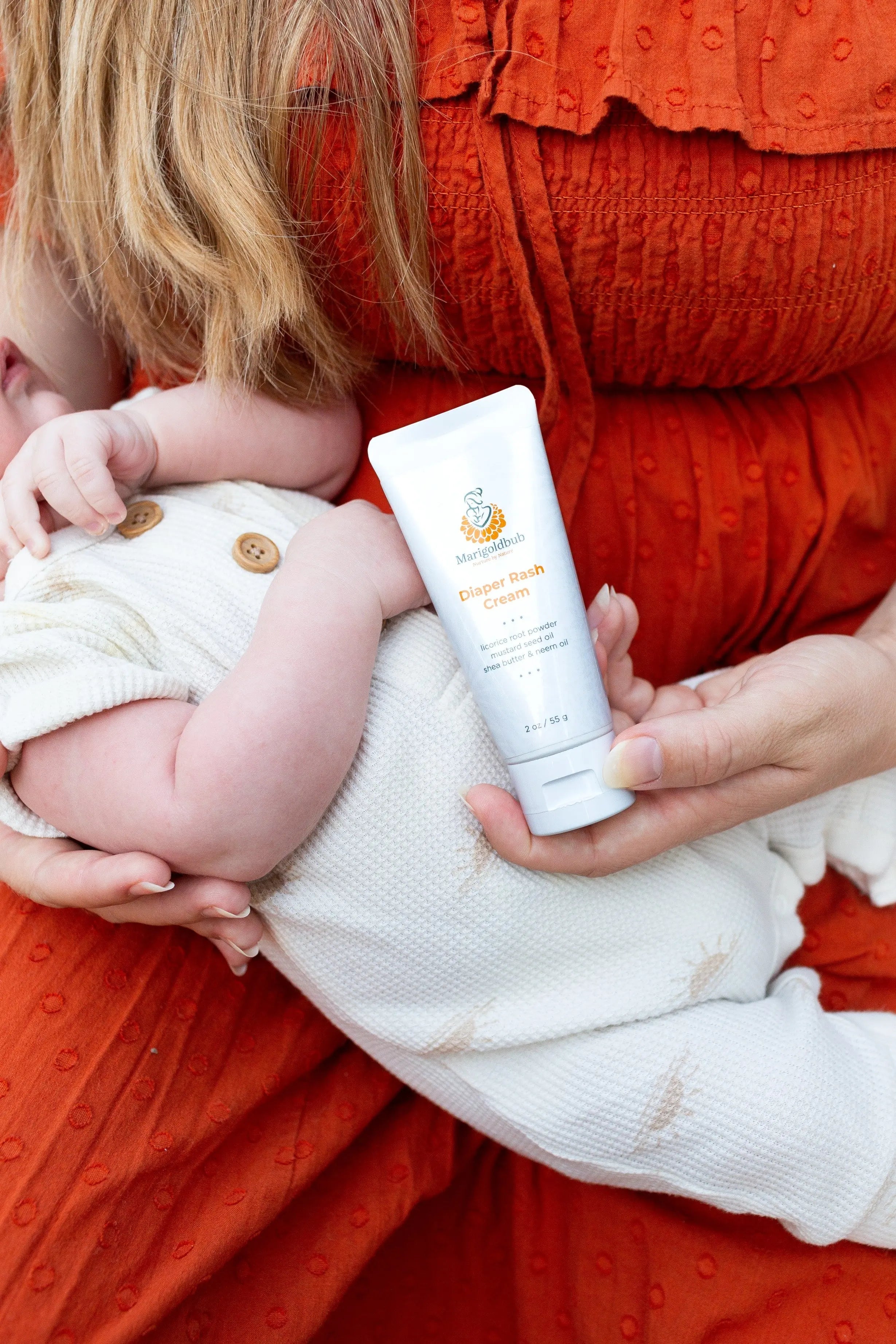 Marigoldbub natural diaper rash cream jar formulated for sensitive baby skin care with organic ingredients