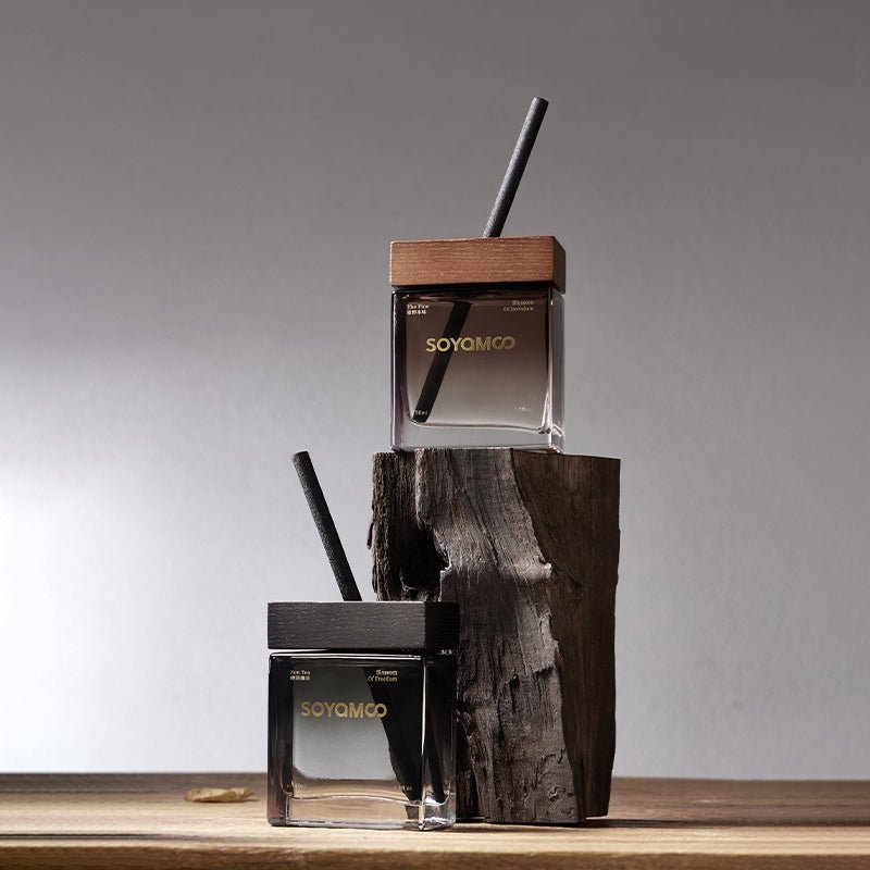 Matsuno wilderness reed diffuser in warm brown gradient square glass bottle with wooden cap — view 2