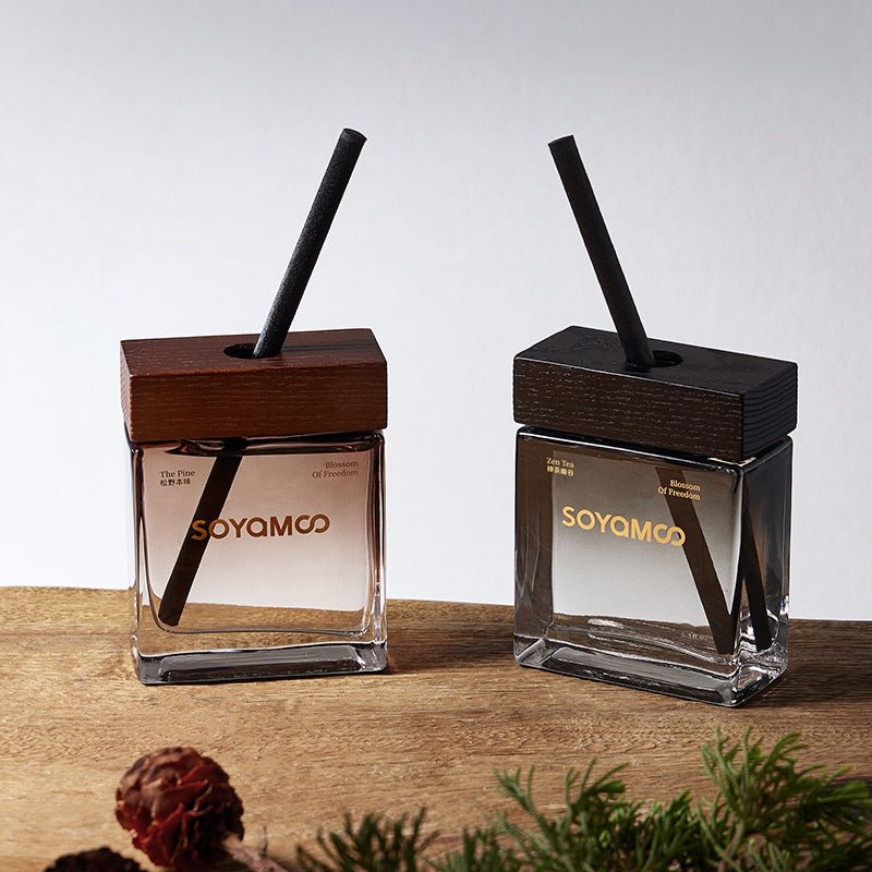 Matsuno wilderness reed diffuser in warm brown gradient square glass bottle with wooden cap — view 3