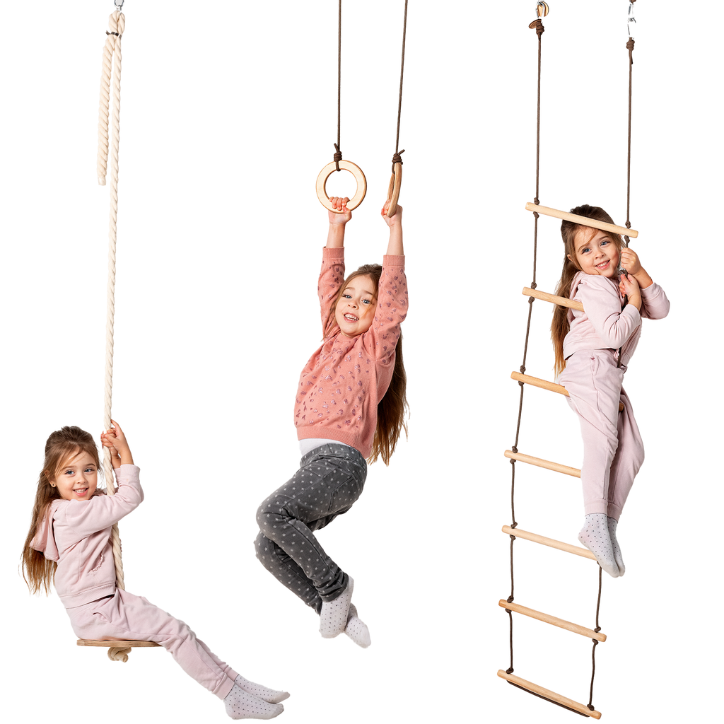 Wooden 3-in-1 toddler swing set featuring disc swing, gymnastic rings, and rope ladder