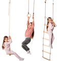 Wooden 3-in-1 toddler swing set featuring disc swing, gymnastic rings, and rope ladder