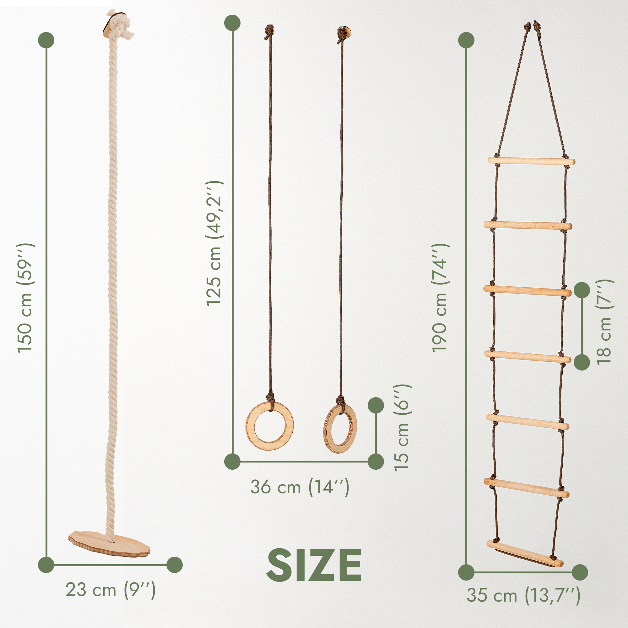 Wooden 3-in-1 toddler swing set featuring disc swing, gymnastic rings, and rope ladder — view 2