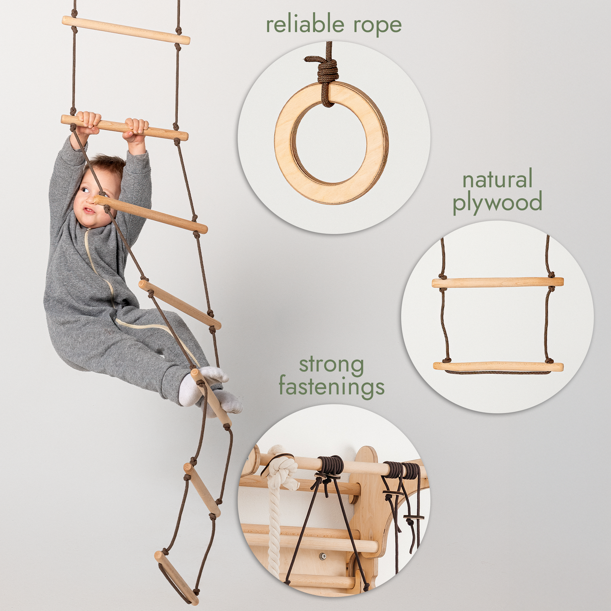 Wooden 3-in-1 toddler swing set featuring disc swing, gymnastic rings, and rope ladder — view 3