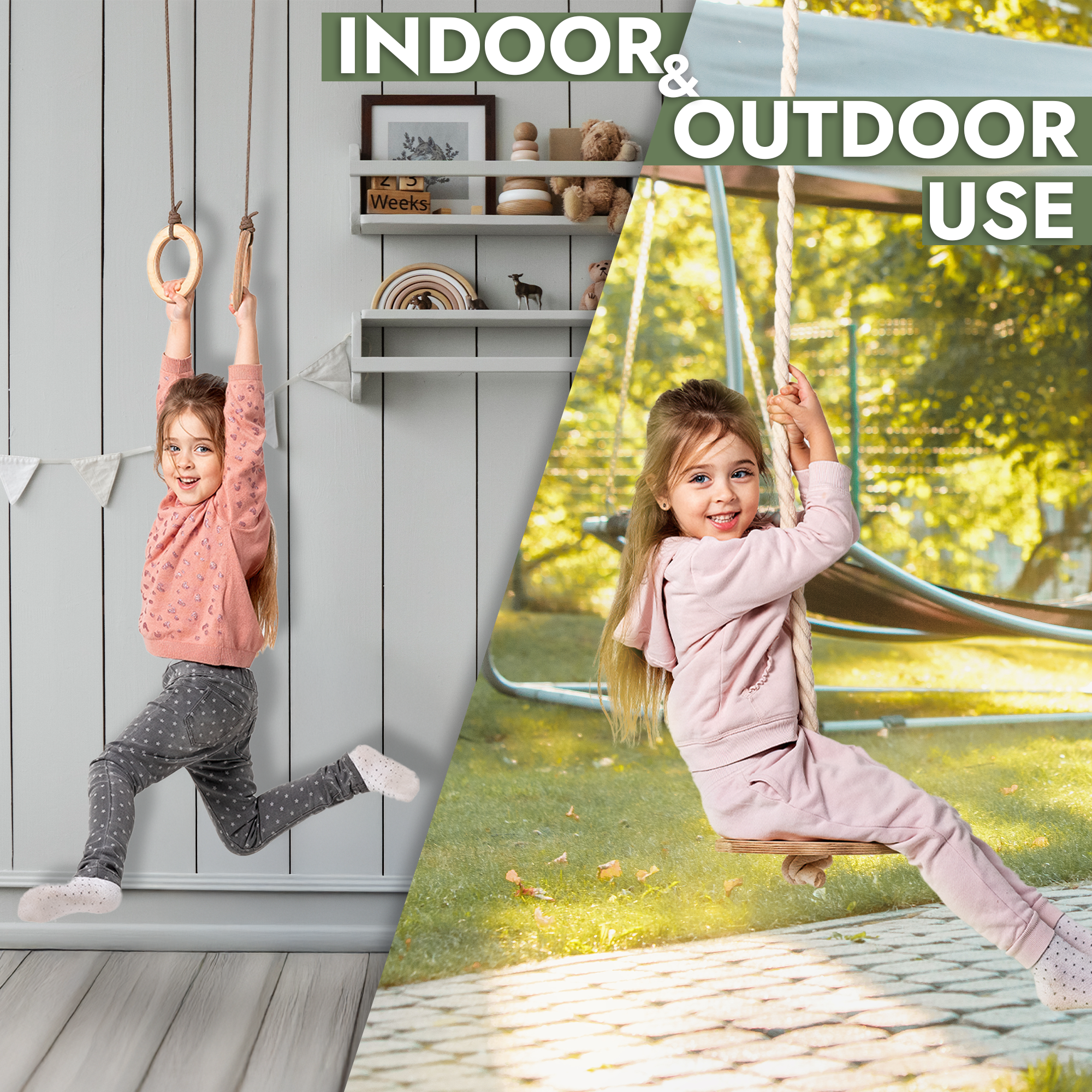Wooden 3-in-1 toddler swing set featuring disc swing, gymnastic rings, and rope ladder — view 4