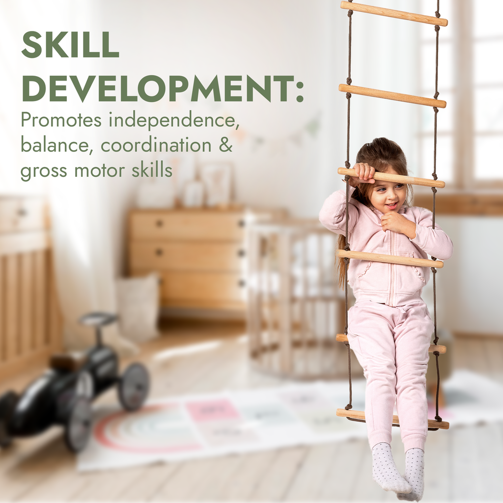 Wooden 3-in-1 toddler swing set featuring disc swing, gymnastic rings, and rope ladder — view 5