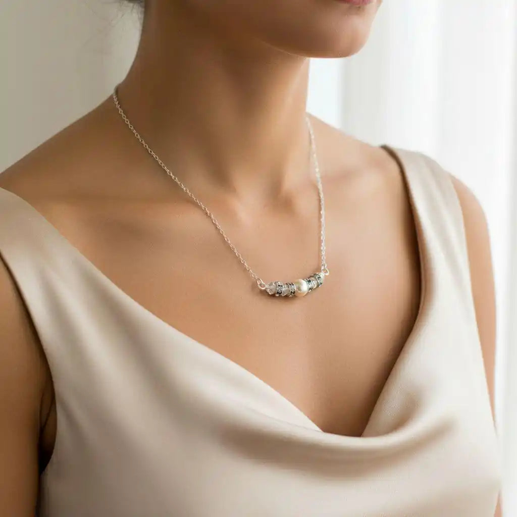 Silver Swarovski Crystal Pearl Bar Bridal Necklace-1