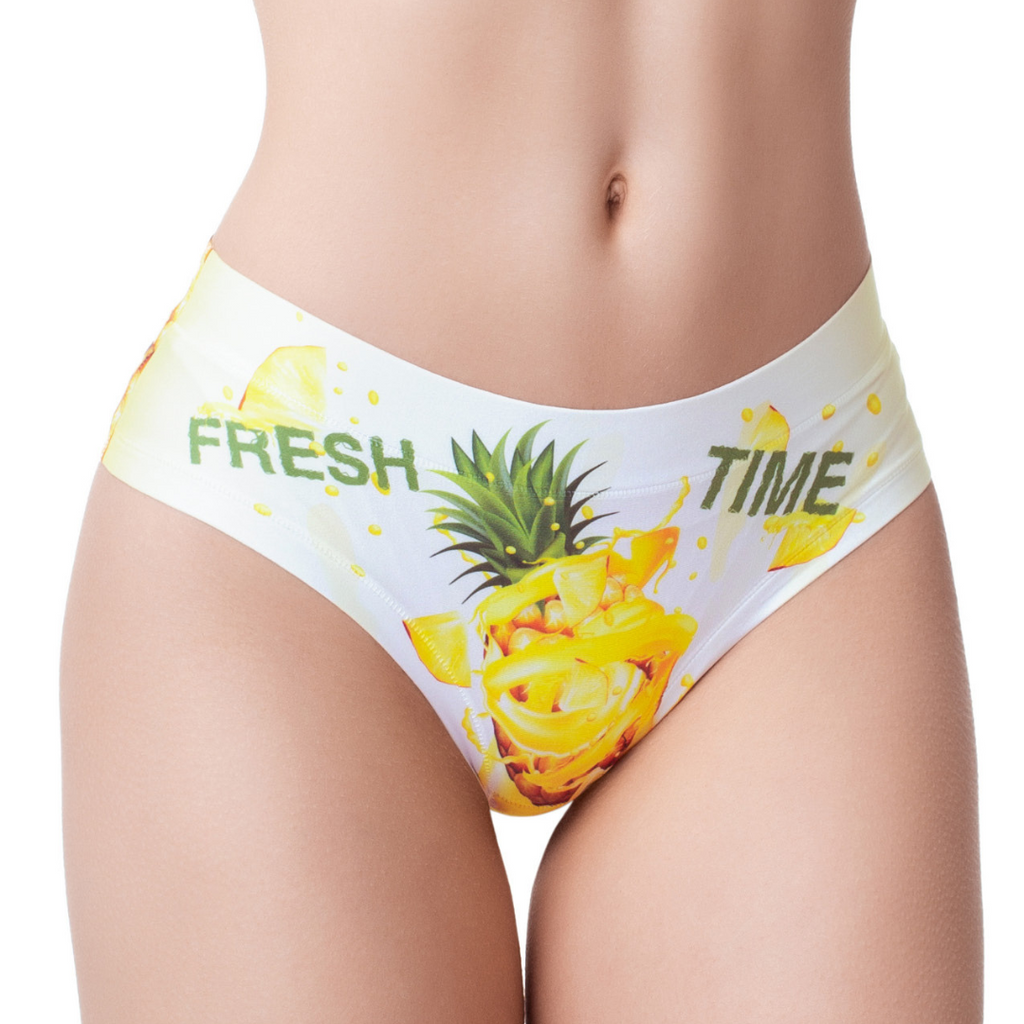 Women's pineapple print summer panties with seamless design and a breathable cotton gusset.