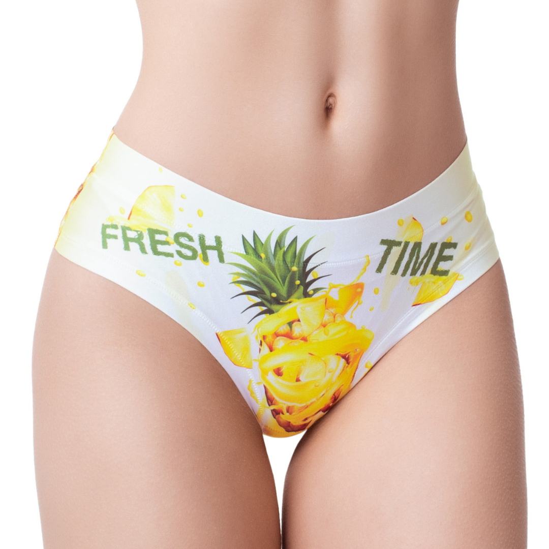 Women's pineapple print summer panties with seamless design and a breathable cotton gusset.