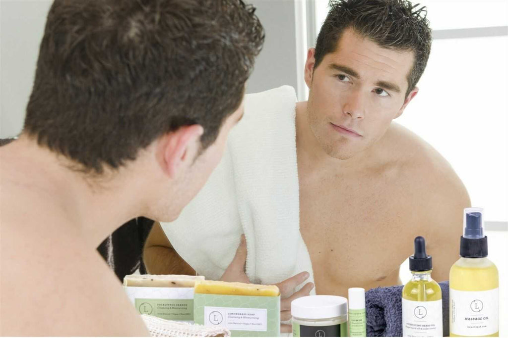 Natural eucalyptus men's grooming kit featuring beard oil, soap bars, and foot cream in gift box — view 5