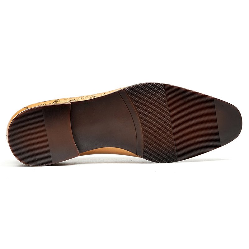 Polished men's calfskin Oxford shoes featuring artistic script engraving on the leather upper — view 5