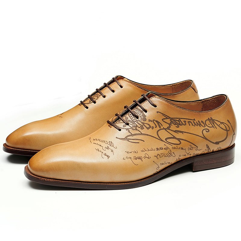 Polished men's calfskin Oxford shoes featuring artistic script engraving on the leather upper — view 4