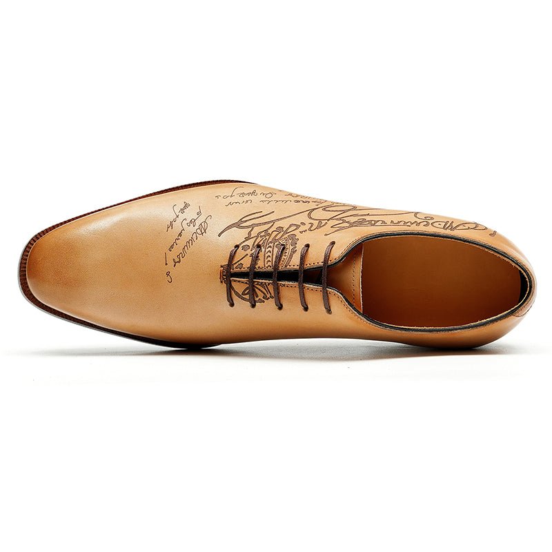 Polished men's calfskin Oxford shoes featuring artistic script engraving on the leather upper — view 3