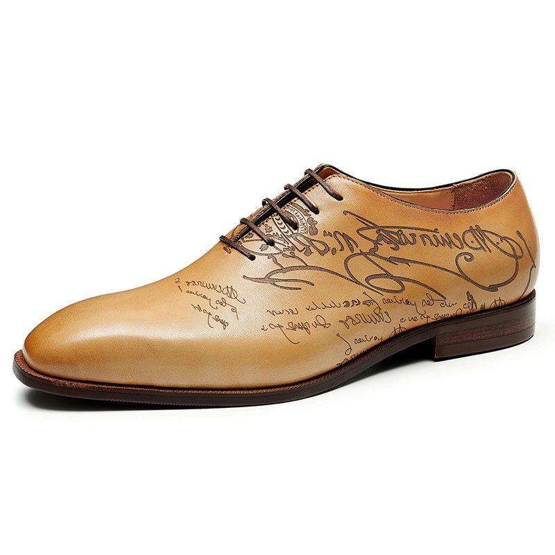 Polished men's calfskin Oxford shoes featuring artistic script engraving on the leather upper — view 2