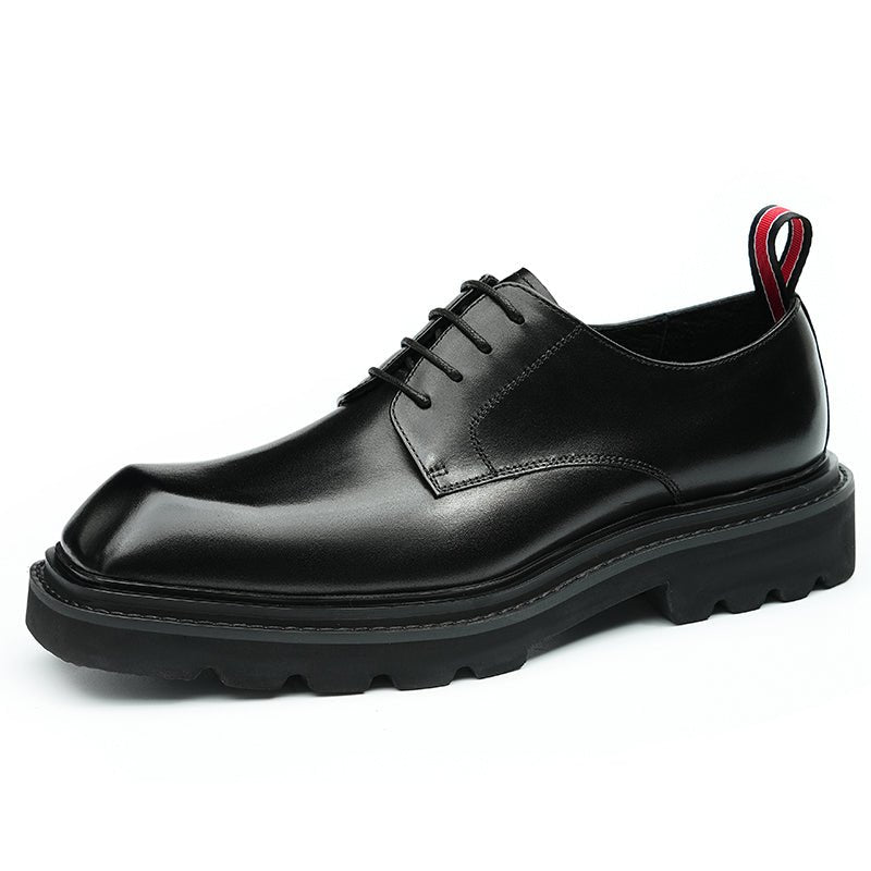 Men's structured calfskin square-toe lace-up Derby dress shoes with contrast pull tabs — view 3