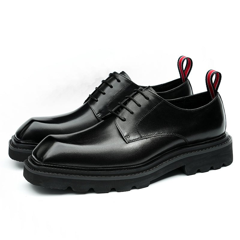 Men's structured calfskin square-toe lace-up Derby dress shoes with contrast pull tabs — view 5