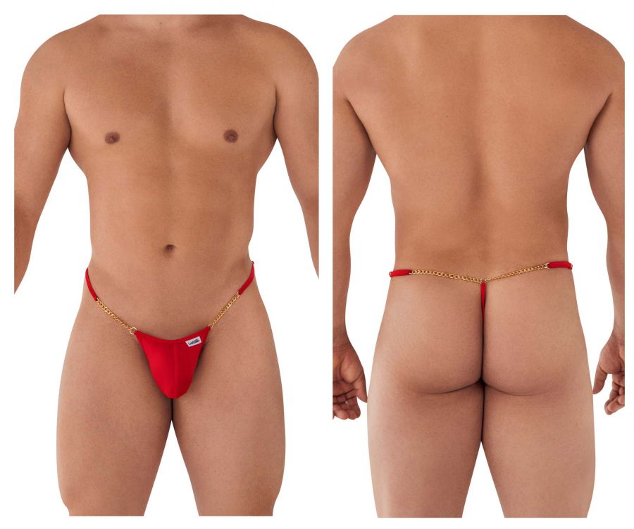 Mens chain G-string in silky microfiber with thin elastic waistband and metal accents