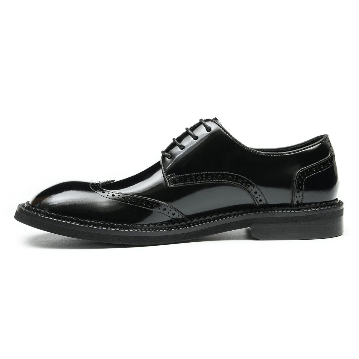 Men's glossy calfskin classic brogue lace-up derby shoes with detailed stitching and durable rubber outsole — view 2