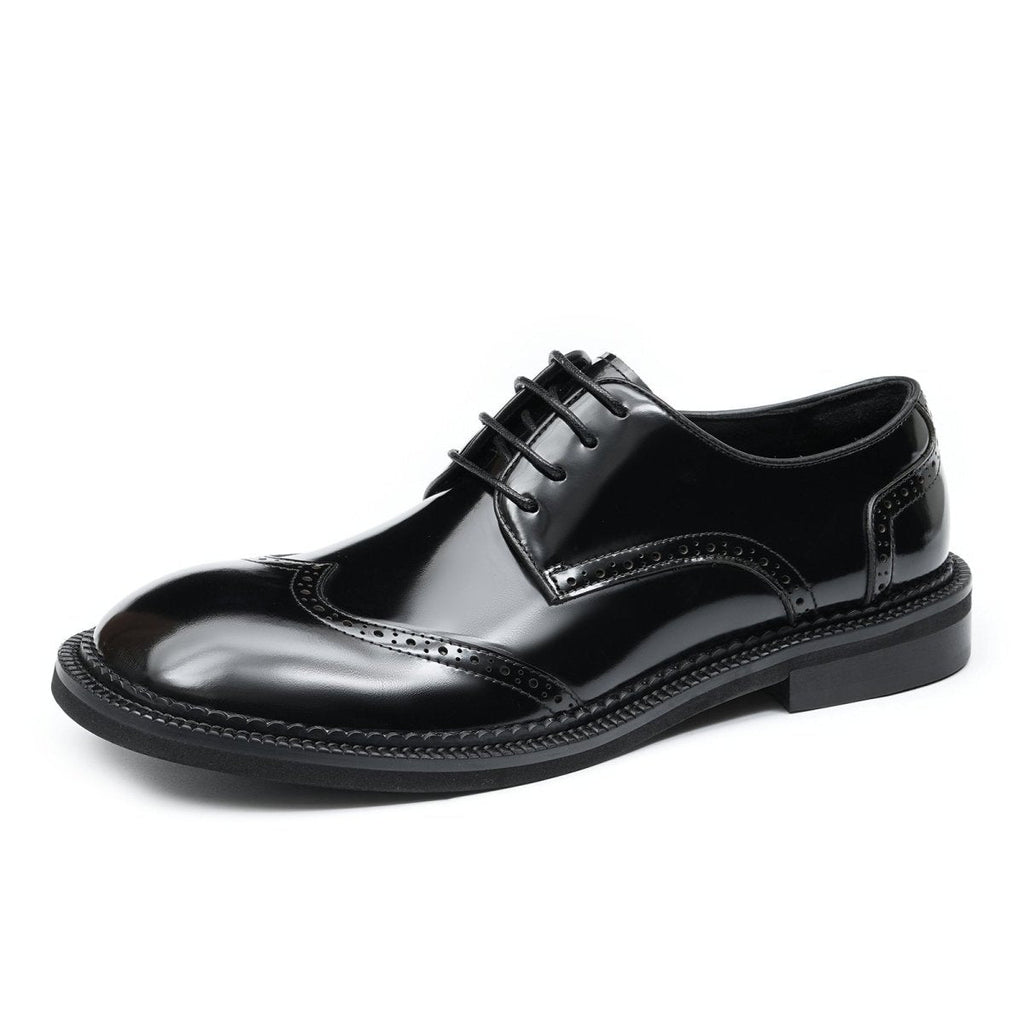 Men's glossy calfskin classic brogue lace-up derby shoes with detailed stitching and durable rubber outsole — view 3