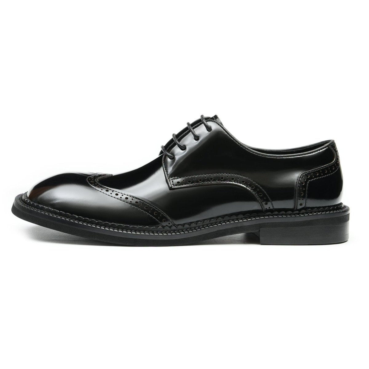 Men's glossy calfskin classic brogue lace-up derby shoes with detailed stitching and durable rubber outsole