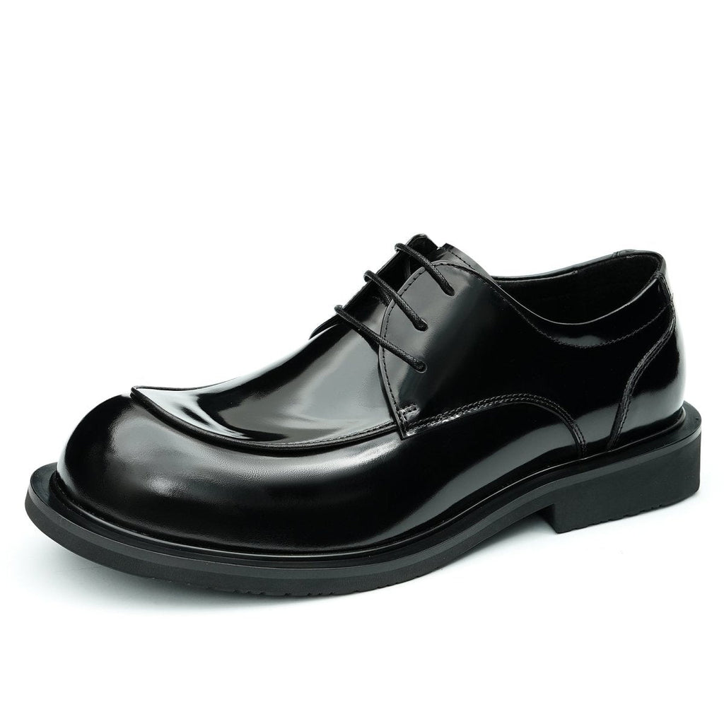 Men's glossy calfskin derby shoes featuring a sculpted round toe and a durable rubber combination outsole — view 2