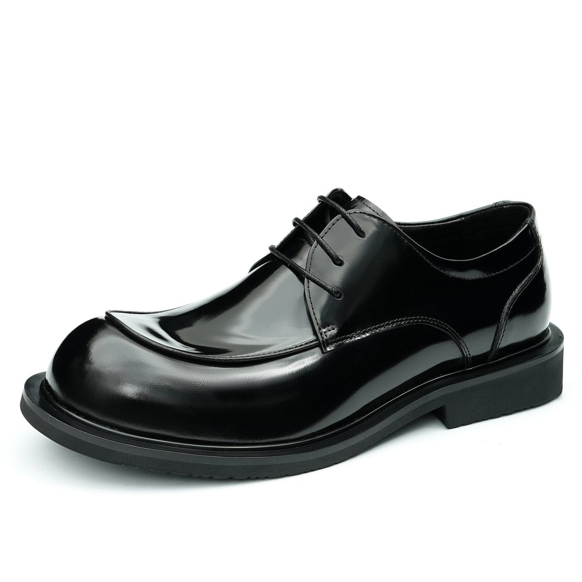 Men's glossy calfskin derby shoes featuring a sculpted round toe and a durable rubber combination outsole — view 2