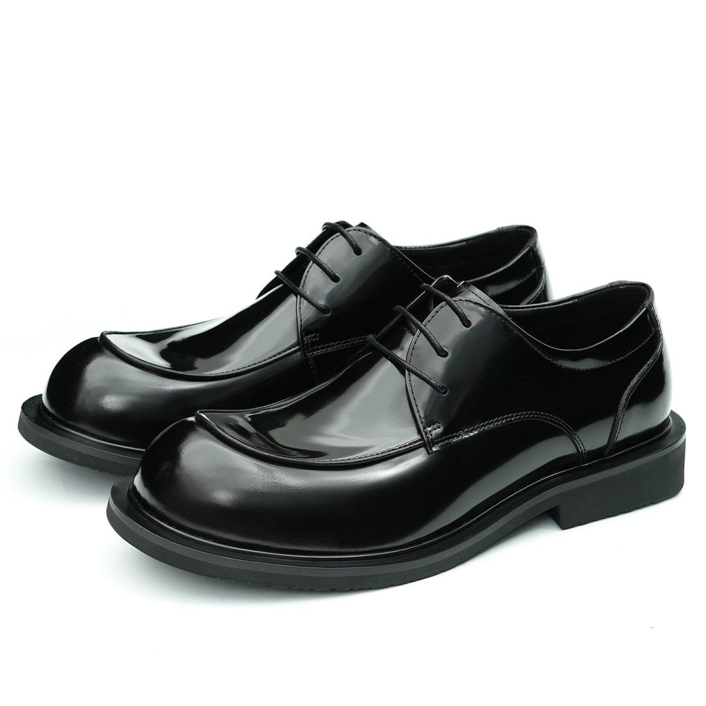 Men's glossy calfskin derby shoes featuring a sculpted round toe and a durable rubber combination outsole — view 4