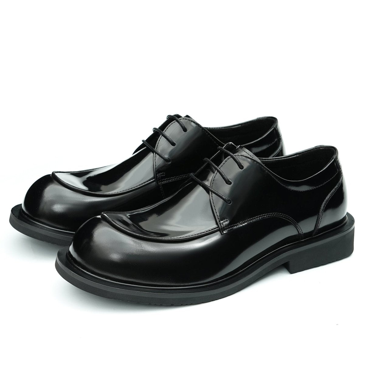 Men's glossy calfskin derby shoes featuring a sculpted round toe and a durable rubber combination outsole — view 4